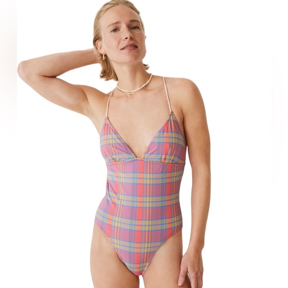 J. Crew NWT Strappy Cross-Back One Piece Swimsuit Sunset Plaid Size 20 Pink - Picture 2 of 13